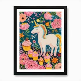 Floral Fauvism Style Unicorn & Cupcakes 1 Art Print