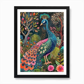 Folky Floral Peacock At Night With The Plants 1 Art Print