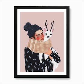 Cute Winter Girl With Deer Art Print