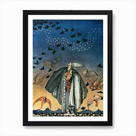 "No Sooner Had He Whistled Than He Heard A Whizzing And A Whirring From All Quarter And Such A Large Flock Of Birds Swept Down That They Blackened All The Field In Which They Settled" by Kay Nielsen - East of the Sun and West of the Moon 1914 - Vintage Victorian Fairytale Art Signed Remastered High Resolution Art Print