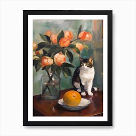 Flower Vase Camellia With A Cat 4 Impressionism, Cezanne Style Art Print