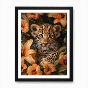 A Happy Front faced Leopard Cub In Tropical Flowers 10 Art Print