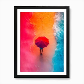 Colorful sea and red umbrella Art Print