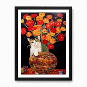 Ranunculus With A Cat 1 Art Nouveau Klimt Style Art Print