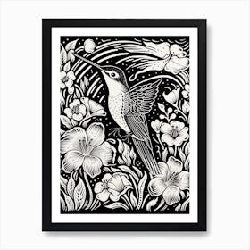 B&W Bird Linocut Hummingbird 5 Art Print