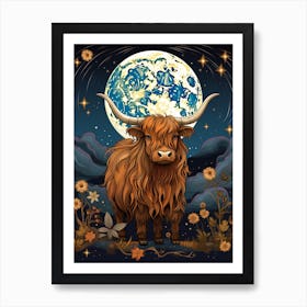 Digital Illustration Of Highland Cow At Night 1 Art Print