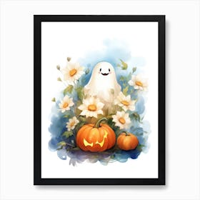 Cute Ghost With Pumpkins Halloween Watercolour 21 Art Print