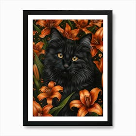 Black Cat With Orange Lilies Art Print