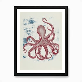 Octopus In The Ocean With Coral Linocut Inspired 2 Art Print