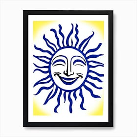 Smiling Sun Symbol Blue And White Line Drawing Art Print