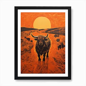 Highland Cattle, Woodblock Animal Drawing 1 Art Print