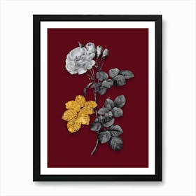 Vintage Damask Rose Black and White Gold Leaf Floral Art on Burgundy Red n.0137 Art Print
