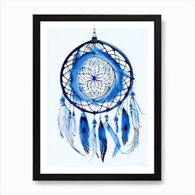 Dreamcatcher Symbol Blue And White Line Drawing Art Print