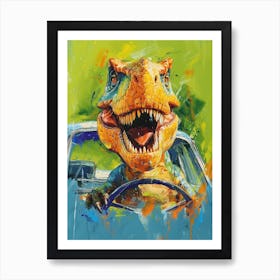 Dinosaur Driving A Car Blue Green Brushstroke 2 Art Print