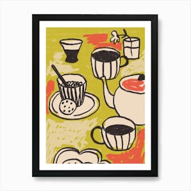 Breakfast poster, Coffee abstract retro print, Fun kitchen decor, Green olive beige Art Print