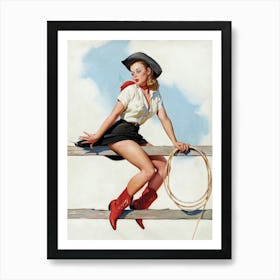 Cowgirl Sitting on Fence, Vintage, Retro Western Aesthetic Art Print