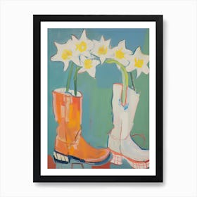 A Painting Of Cowboy Boots With Daffodil Flowers, Pop Art Style 3 Art Print