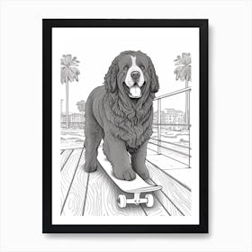 Newfoundland Dog Skateboarding Line Art 4 Art Print