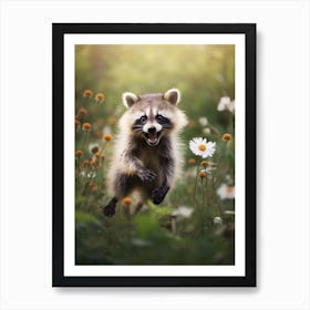 Cute Funny Common Raccoon Running On A Field Wild 2 Art Print