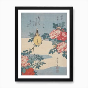Katsushika Hokusai Japanese Nightingale And Spray Of Roses Art Print