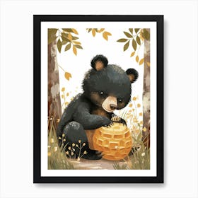 American Black Bear Cub Playing With A Beehive Storybook Illustration 4 Art Print