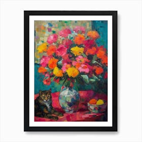 Chrysanthemums With A Cat 1 Fauvist Style Painting Art Print
