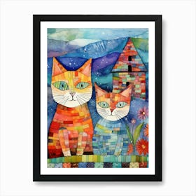 Two Patchwork Cats In Front Of A Medieval Barn Art Print
