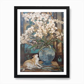 Orchids With A Cat 2 Art Nouveau Style Art Print