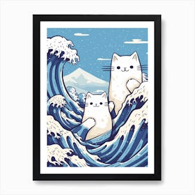 Hokusai Great Wave Cats Kawaii Cartoon Mount Fuji Art Print