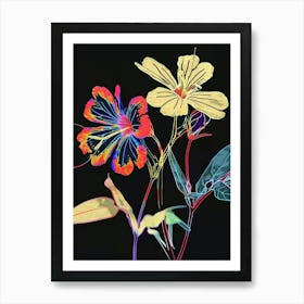 Neon Flowers On Black Geranium 2 Art Print