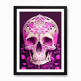Skull With Surrealistic Elements 5 Pink Line Drawing Art Print