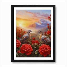 Lucky Doves On Red Roses Art Print