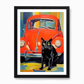 Volkswagen Beetle Vintage Car With A Cat, Matisse Style Painting 0 Art Print