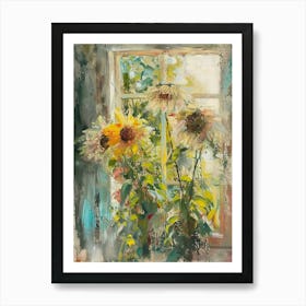 Sunflower Flowers On A Cottage Window 2 Art Print