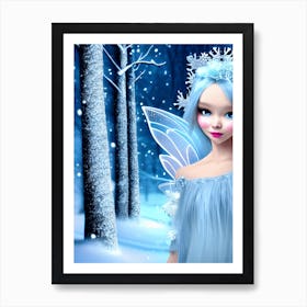 Cute 3d Light Blue Winter Fairy In The Forest Art Print