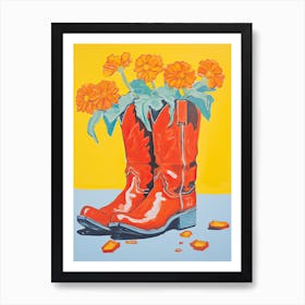 A Painting Of Cowboy Boots With Orange Flowers, Fauvist Style, Still Life 4 Art Print