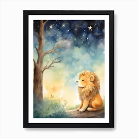 Stargazing Watercolour Lion Art Painting 2 Art Print