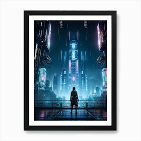 Artificial Intelligence Embodied In A Sleek Towering Structure With Neon Circuit Patterns Neon Lit Art Print