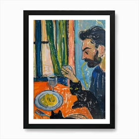 Man With Cats Eating Pasta Art Print