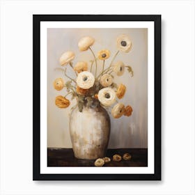 Ranunculus, Autumn Fall Flowers Sitting In A White Vase, Farmhouse Style 2 Art Print