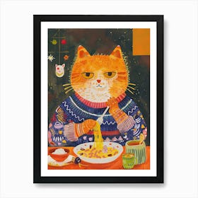 Cute Orange Cat Pasta Lover Folk Illustration 1 Art Print