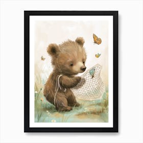 Brown Bear Cub Playing With A Butterfly Net Storybook Illustration 1 Art Print