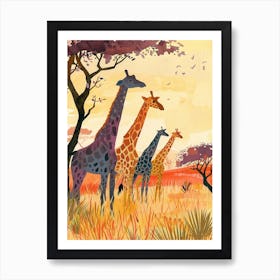 Herd Of Giraffe At Sunset Watercolour Illustration Art Print