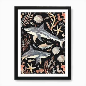 Shark Seascape Black Background Illustration 1 Art Print