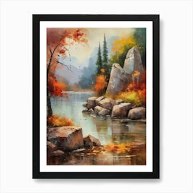 Autumn Lake,Forest Lake, Vintage Oil Painting, Farmhouse Wall Decorations, Antique Landscape, Vintage Landscape Oil Painting.7 5 Art Print