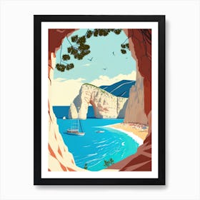 Navagio Beach, Zakynthos, Greece - Retro Landscape Beach and Coastal Theme Travel Poster Art Print