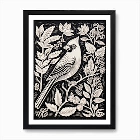 B&W Bird Linocut Cardinal 3 Art Print
