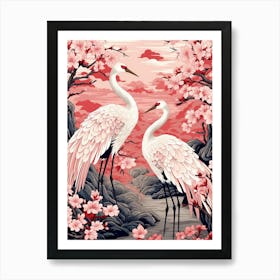 Cherry Blossom And Cranes 2 Vintage Japanese Botanical Art Print