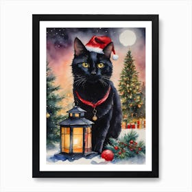 Christmas Black Cat - Watercolor Winter Scene of Beautiful Black Cat Wearing a Santa Hat By A Lantern and Holly and Xmas Trees on a Full Moon in the Snow - Yule Decor Pagan Prints Witchy Wall Art Greetings From The Black Cat Travels Art Print