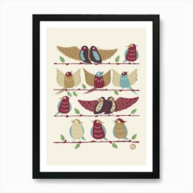 Happy Birds' Choir [wine red-pale blue] 1 Art Print